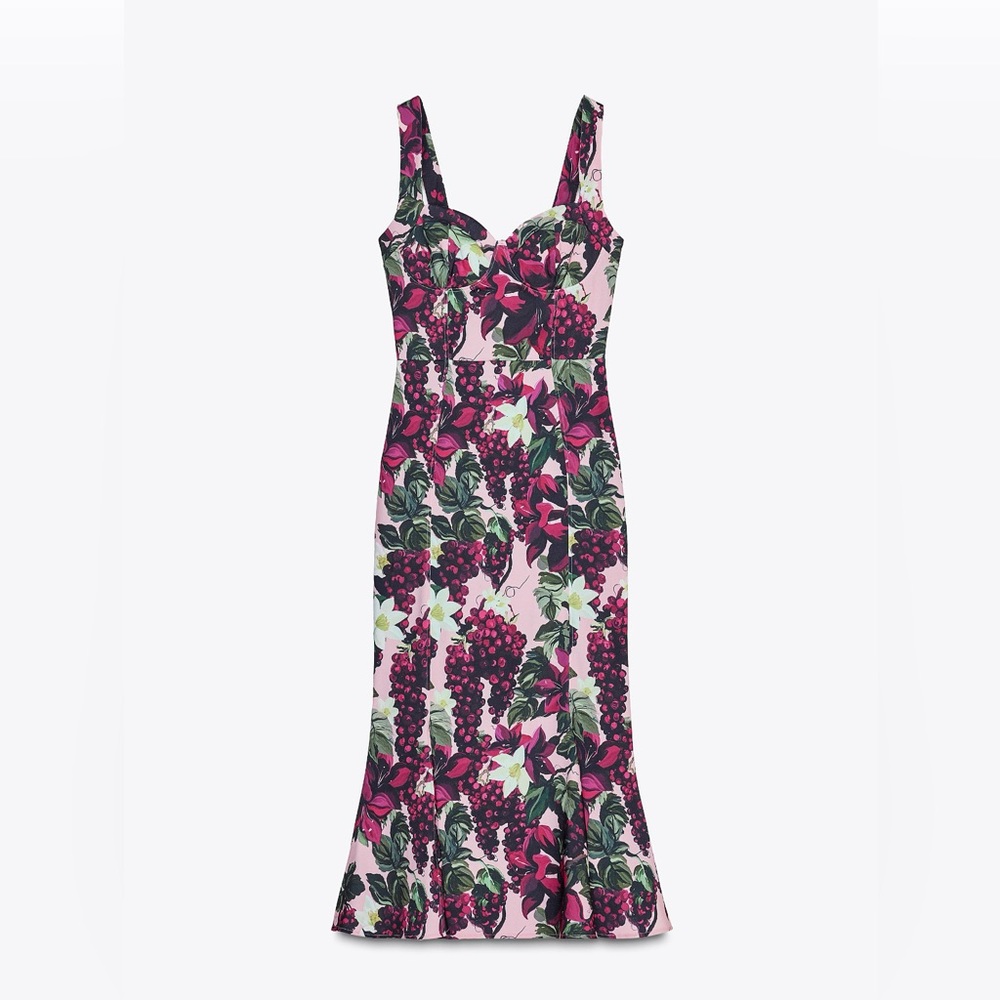 Zara Pink and Green Floral Midi Dress